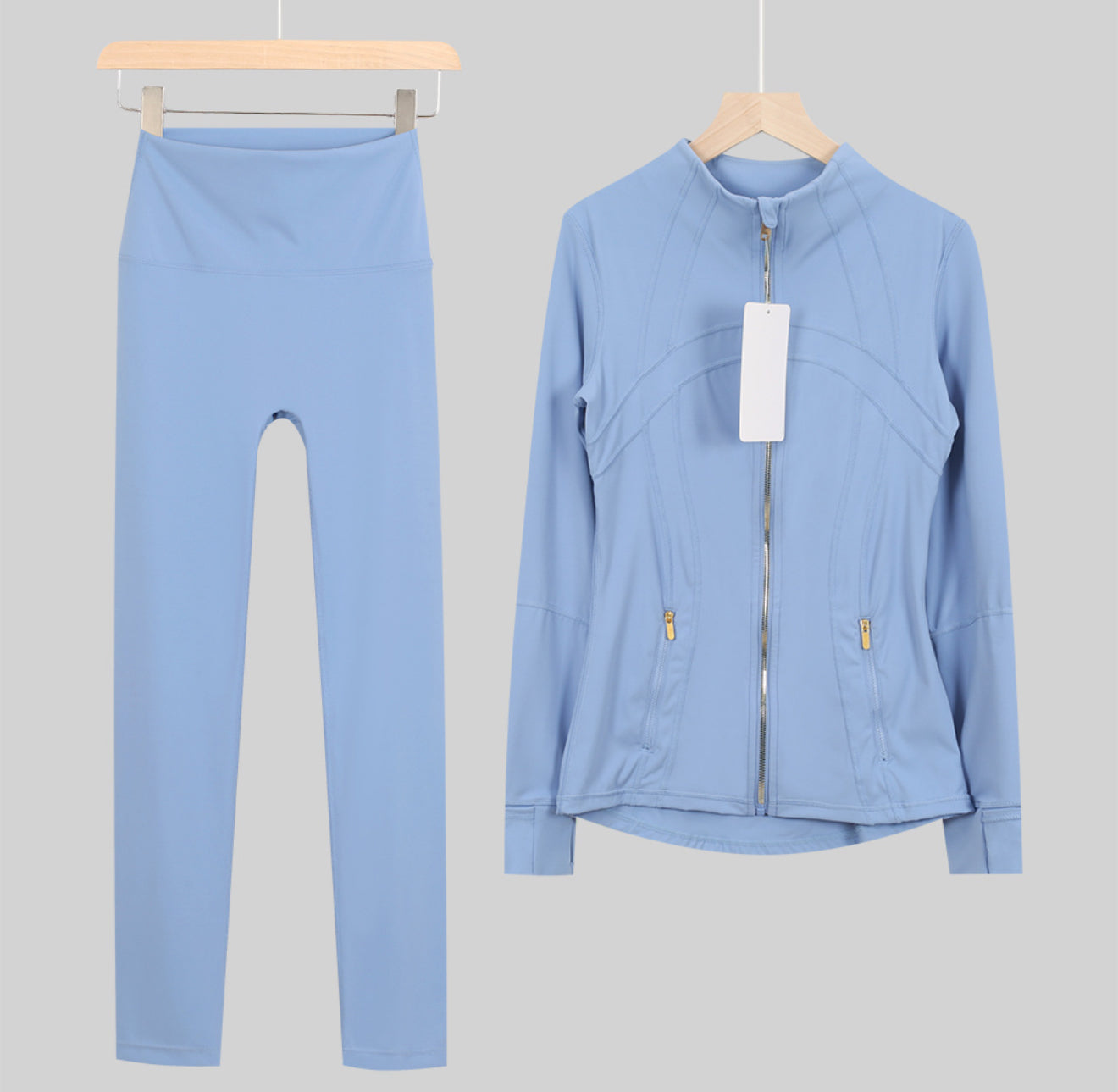 Leggings, shorts or flares set light blue gold