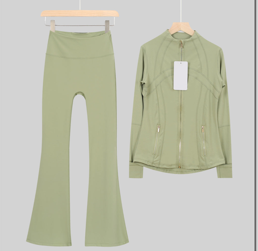 Leggings, shorts or flares set light green gold