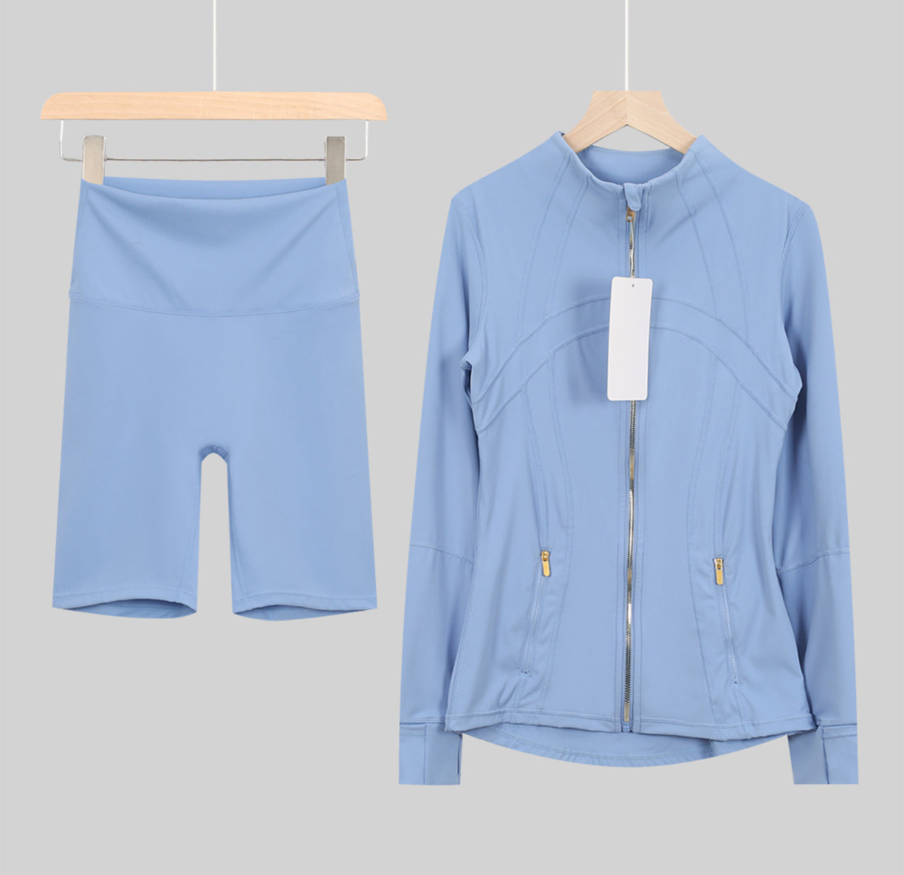 Leggings, shorts or flares set light blue gold