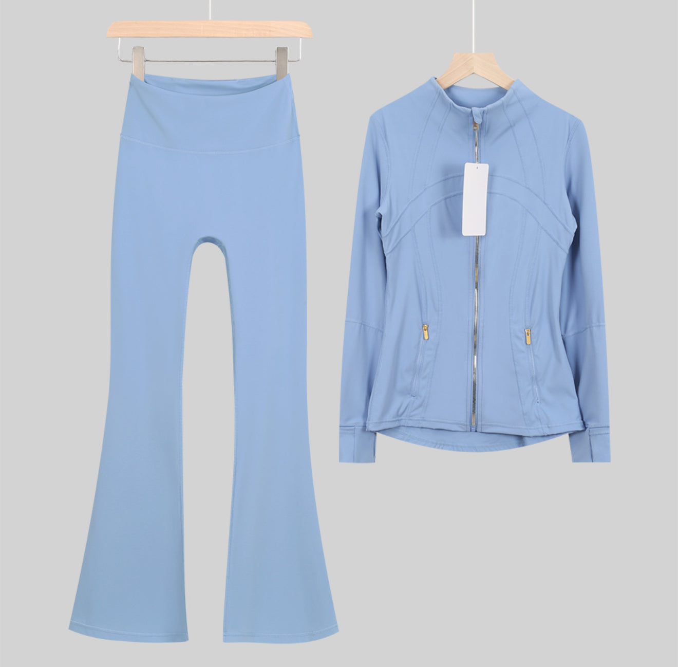 Leggings, shorts or flares set light blue gold